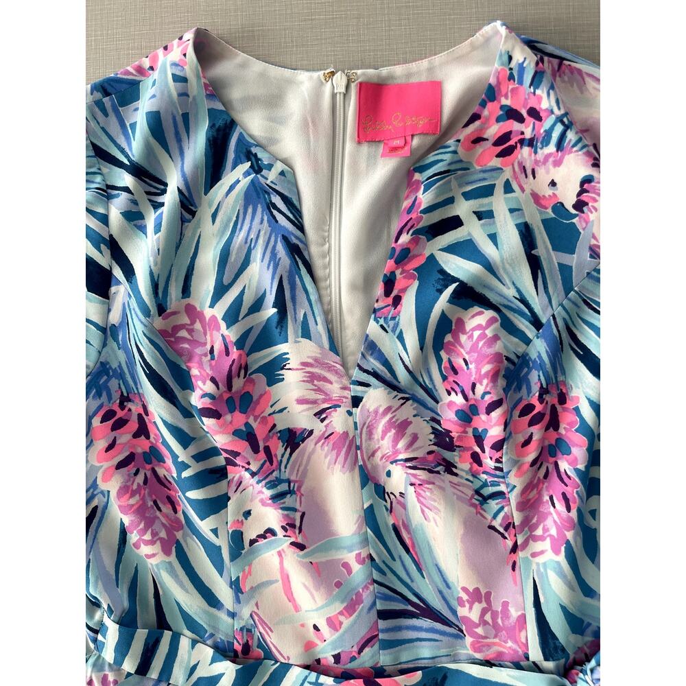 Lilly Pulitzer Size M Laeda Dress Blue Pink Mini Stretch Wedding Cocktail Ruffle - Picture 5 of 16